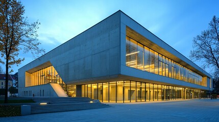 Obraz premium Modern concrete hall with glowing windows, embodying simplicity and clean minimalism in architectural design.