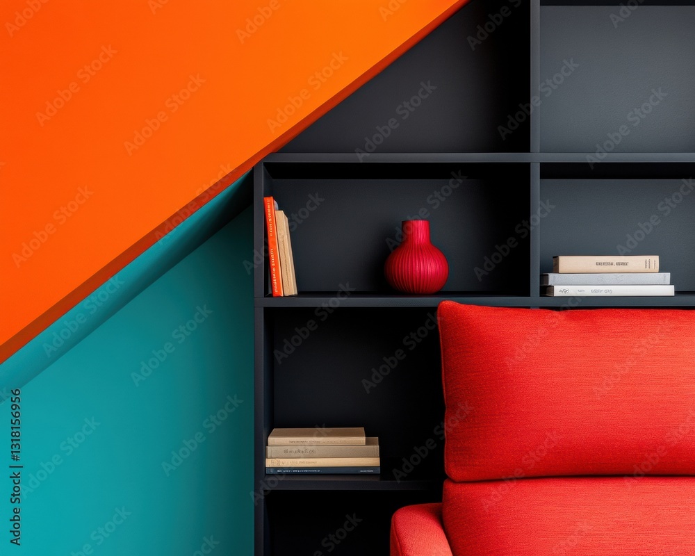 Poster bold geometric living minimalist modular shelving design with color block aesthetics - contemporary 