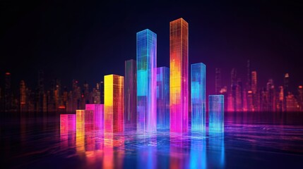 Obraz premium Dynamic Neon Chart Ascending Over Futuristic Cityscape, Representing Growth