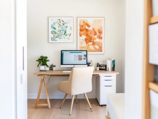 Minimalist Home Office Sanctuary Scandinavian-Inspired Workspace Design with Botanical Art, Ergonomic Comfort and Modern Productivity Solutions for Remote Professionals