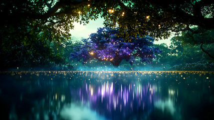 Naklejka premium A Pixel Art Enchanted Forest With Glowing Purple And Blue Bioluminescent Tree Reflected In A Serene Lake At Night