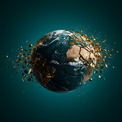 Fototapeta premium A shattered globe with fragments symbolizes global , crises, and conflicts, fragility, background