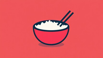 Red bowl of rice with chopsticks, simple food illustration, Asian cuisine, plain background, menu design