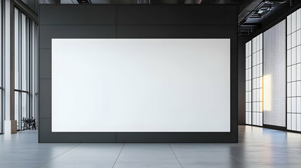 Large Blank White Canvas Displayed On A Gray Wall In A Modern Gallery Space With Concrete Floors Windows And City Views
