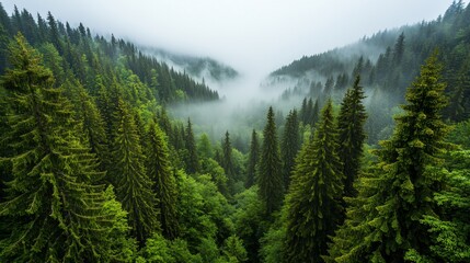 Obraz premium Foggy evergreen forest in a valley, showcasing natural beauty, for travel posters
