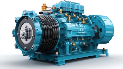 Fototapeta premium Teal industrial compressor isolated on white background.