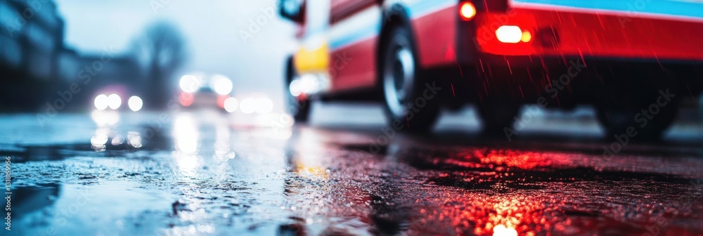 Poster Urban Emergency Response in High-Definition Cinematic Wet Street Ambulance Deployment Highlighting Critical Care Infrastructure and Rapid Intervention Dynamics
