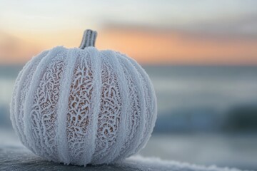 A frozen pumpkin sits on a frosty surface against a stunning sunset over the ocean.