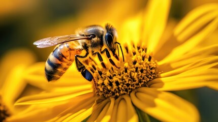 A honeybee gathering nectar on a bright yellow sunflower