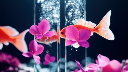 Serene Goldfish   Pink Flowers Underwater Scene