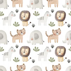 Seamless pattern with cartoon animals, decor elements. colorful illustration for kids. hand drawing, flat style. baby design for fabric, print, textile, wrapper