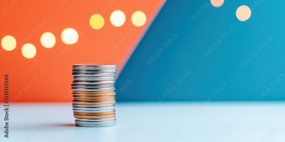 Poster geometric financial visualization stacked silver coins on vibrant gradient backdrop - innovative inv