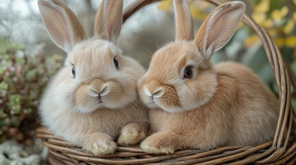 Cute rabbits relaxing together in a woven basket surrounded by greenery in a cozy indoor setting