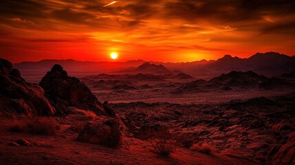 Fototapeta premium A fiery red sunset with the sun dipping behind rugged mountains, casting long shadows and vibrant colors across the landscape.