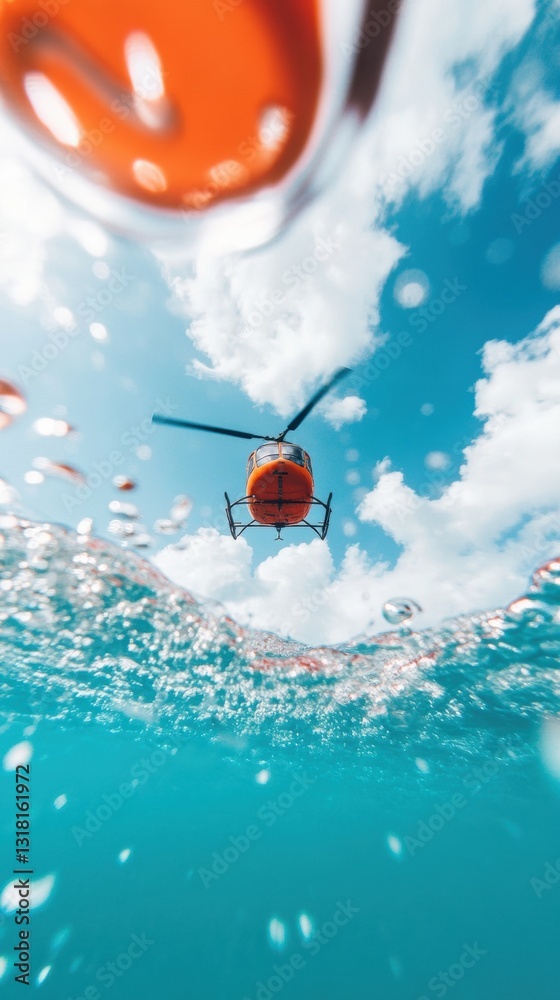 Poster hyper-dynamic rescue innovation aerial emergency response helicopter navigating critical water evacu