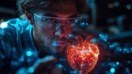 Medical student examining detailed anatomical hologram of human heart, red and blue light reflections in modern laboratory setting