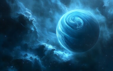50. A gas giant far from the Sun, with an electric blue atmosphere swirling with continuous lightning storms and vast clouds of vapor