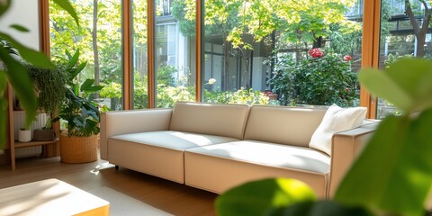 Fototapeta premium Cozy living room with natural light streaming through a large garden window