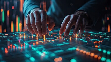 Financial trader surrounded by multiple floating holographic stock market charts, green and red indicators in motion
