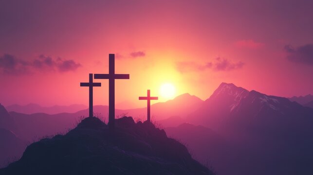 Three crosses silhouetted against a vibrant sunset over majestic mountains.