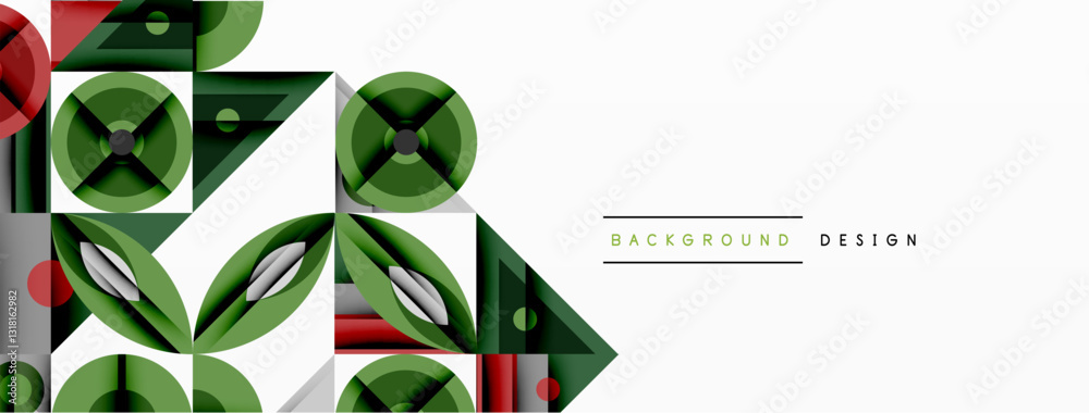 Poster Geometric abstract composition with intersecting shapes, circles, triangles, and gradients, blending vibrant colors and dynamic contrasts to create a modern, futuristic visual design