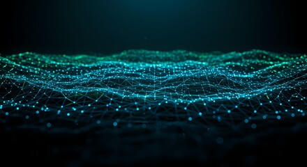 Luminous geometric patterns emerge from darkness, creating a mesmerizing network of glowing connections in an abstract technological landscape. Technology Network Background