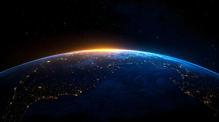 Obraz premium Sunrise Over Planet Earth From Space With Glowing Atmosphere And City Lights