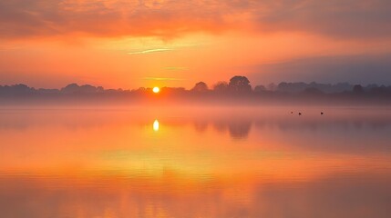 Naklejka premium A tranquil sunrise over a peaceful lake, with soft orange and pink hues reflecting on the water, creating a calm and reflective scene.