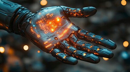 Robotics engineer programming holographic robot arm, movement paths shown as glowing trajectories
