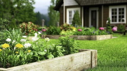 Fototapeta premium Sleek, modern garden design featuring raised beds and flourishing plants, embodying fundamental principles of gardening for newcomers.