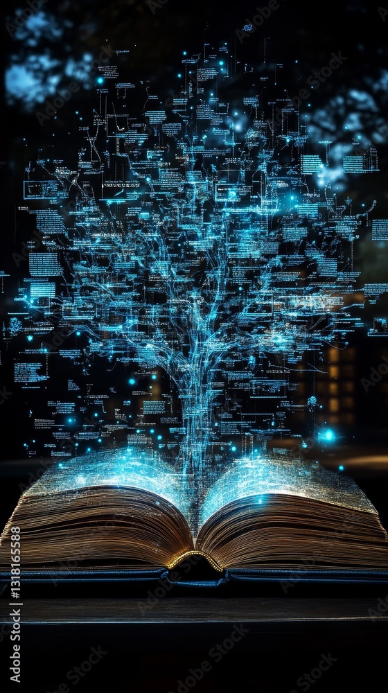 Poster an imaginative image of an open book with a luminous digital tree emanating from its pages, symboliz