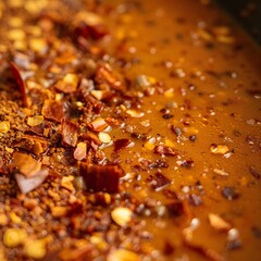 Macro Detail of Crushed Chili Flakes Scattered Over Soup, Enhancing Fiery Culinary Appeal