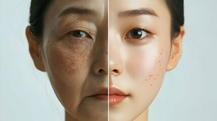 Transformation face showcasing skin age and potential rejuvenation and cosmetic care