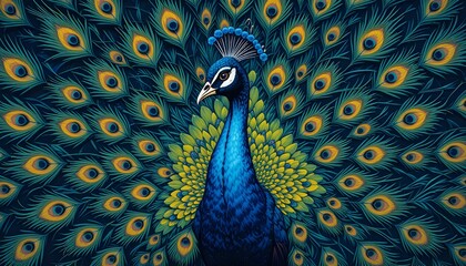 Fototapeta premium Exotic peacock illustration showcasing vibrant feathers, intricate details, artistic hand-drawn style, elegant pose, nature-inspired beauty, majestic, colorful, decorative, ornamental.