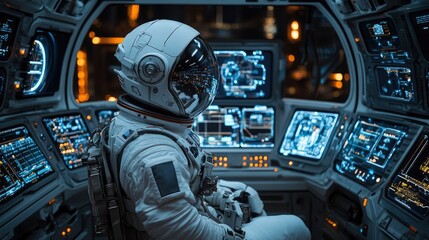 Fototapeta premium Astronaut training with holographic space station controls, system diagnostics floating in simulation pod
