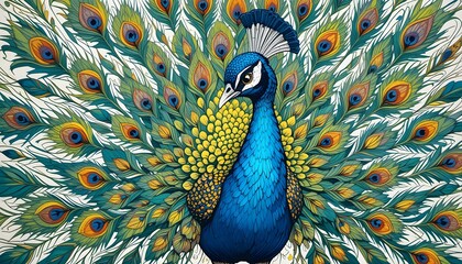 Exotic peacock illustration showcasing vibrant feathers, intricate details, artistic hand-drawn style, elegant pose, nature-inspired beauty, majestic, colorful, decorative, ornamental. © Cici