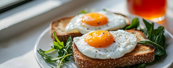 Sunny-side up eggs on toast, breakfast