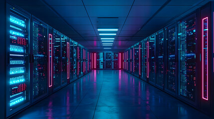 Fototapeta premium Futuristic Server Room With Glowing Neon Pink And Blue Lights In Dark Data Center Corridor With Reflective Floor Technology Background