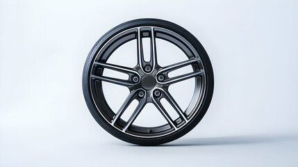 Fototapeta premium Close-Up Studio Shot of a Modern Silver and Black Alloy Car Wheel with a Black Tire on a White Background for Automotive Design