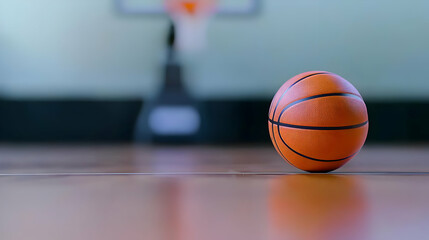 Fototapeta premium Close Up of an Orange Basketball on a Polished Wooden Court with Blurred Hoop in Background and Dramatic Lighting
