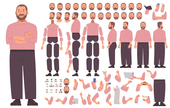 Constructor of big bearded man character. Businessman or office worker. Heavy guy. Set of hands legs body and head positions for creating animation