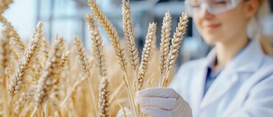 Scientist examines wheat in lab; research
