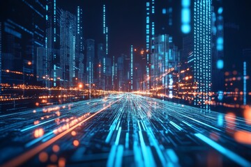 Futuristic Digital Cityscape Illuminated with Neon Lights in a Cyber World