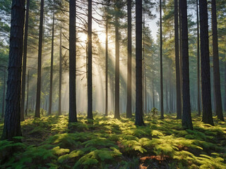 Fototapeta premium Sunlit Pine Forest with Soft Morning Fog