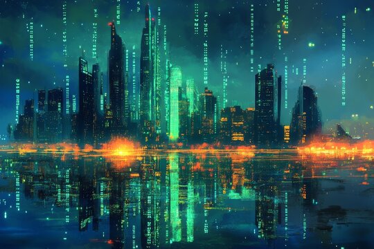 Futuristic Neon City Skyline Reflecting in Water at Night