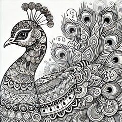 Fototapeta premium A grayscale vector illustration of an intricate peacock coloring page with richly decorated feathers.
