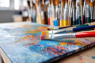 Fototapeta premium Paintbrushes resting on a colorful palette in an art studio