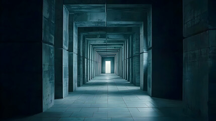 Fototapeta premium Dimly Lit Concrete Tunnel With Light At The End in a Deserted Urban Environment With a Grungy Texture and Geometric Lines