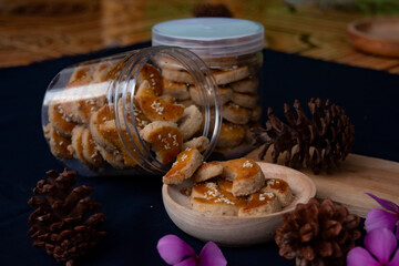 Delicious Peanut cookies, a type of dry cookie made from peanuts in various shapes, usually served on holidays, such as Eid al-Fitr, Christmas, and Chinese New Year.