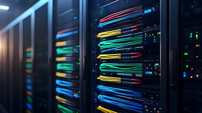 Close Up Of Server Rack Cabinets Displaying Data Processing Information With Blue And Green Lights